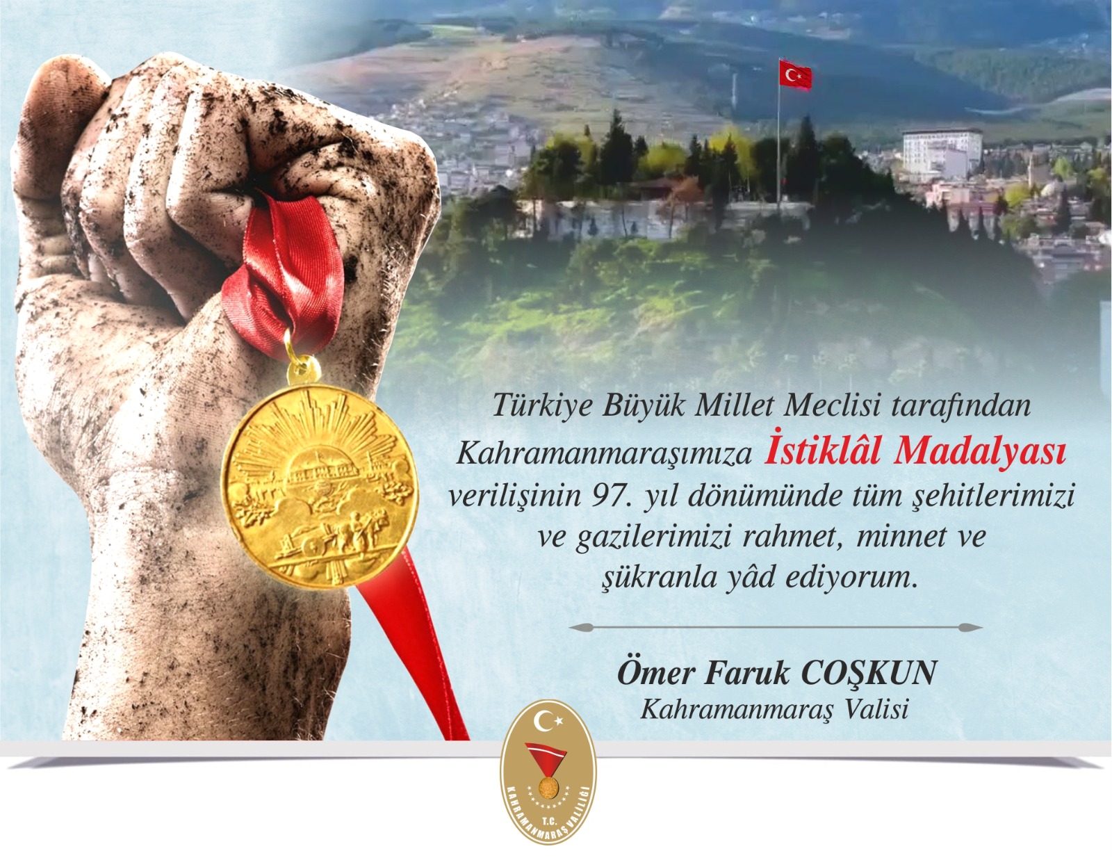 Vali Coşkun’dan İstiklal Madalyası mesajı